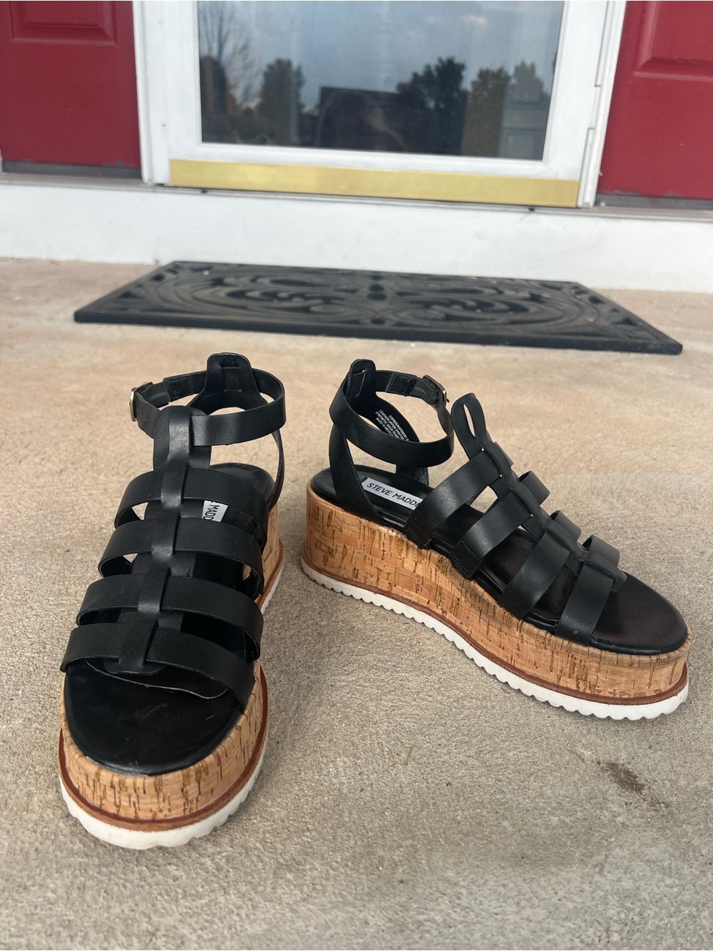 Steve Madden Black Leather Gladiator Cork Platform Sandals